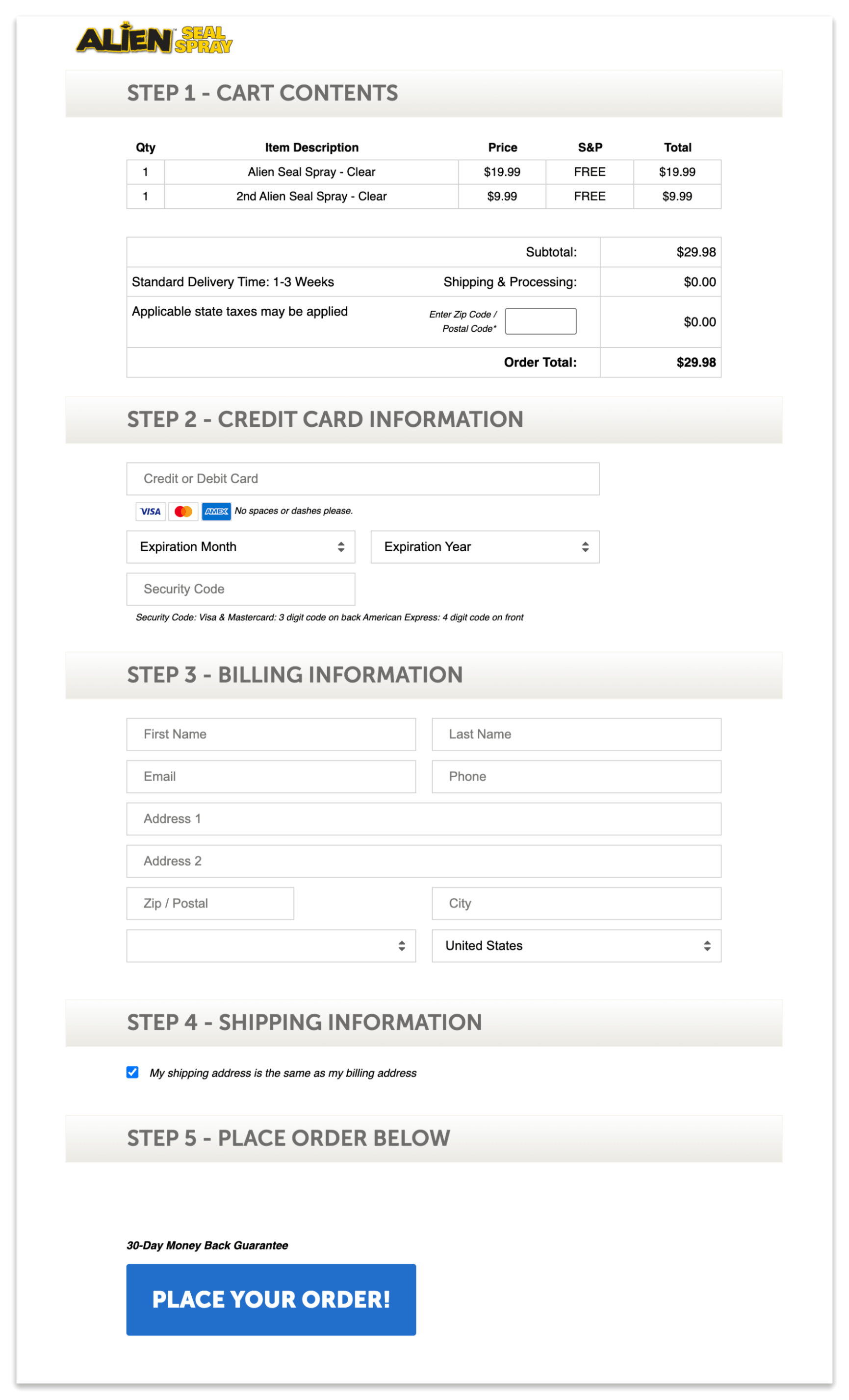 Alien Seal Spray checkout page